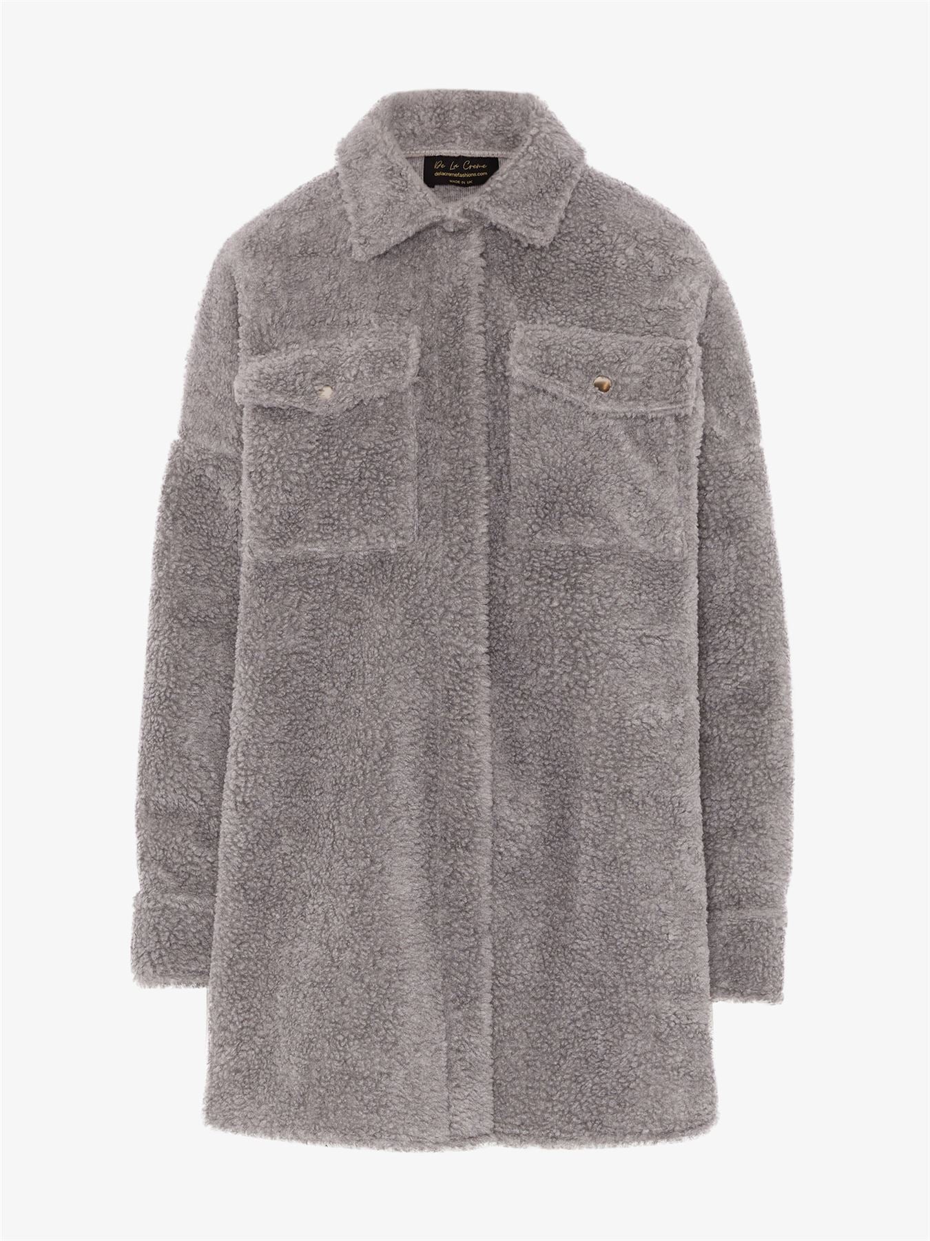 Oversized Stud Button Borg Teddy Shacket