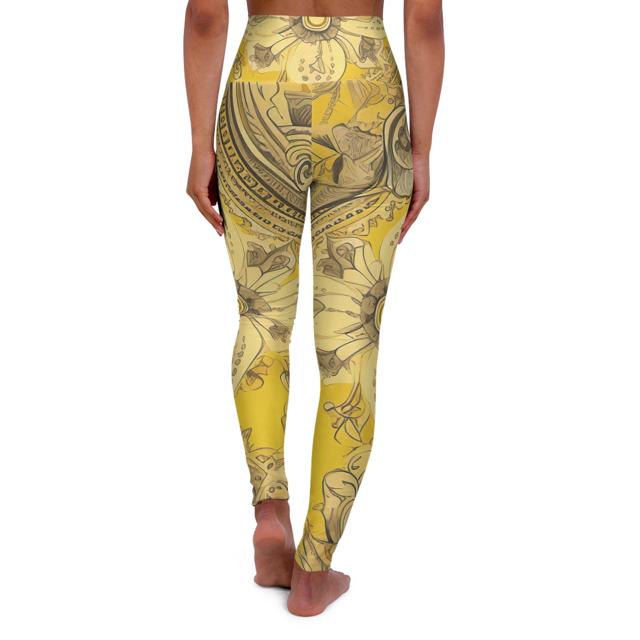 Womens High-waist Fitness Legging Yoga Pants, Floral Yellow Bandanna
