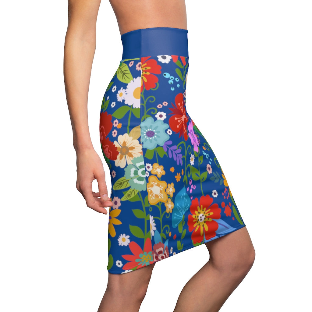 Womens Pencil Skirt, High Waist Stretch, Multicolor Floral Print, Blue