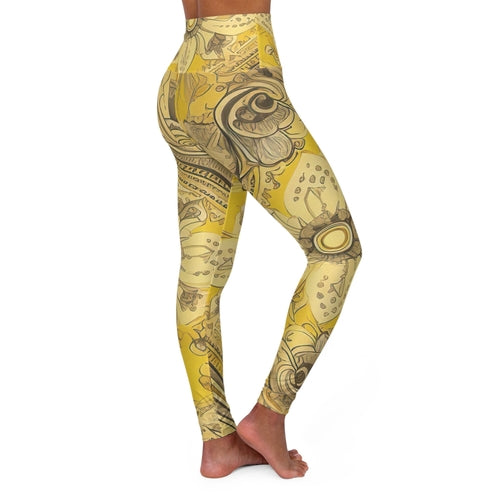Womens High-waist Fitness Legging Yoga Pants, Floral Yellow Bandanna