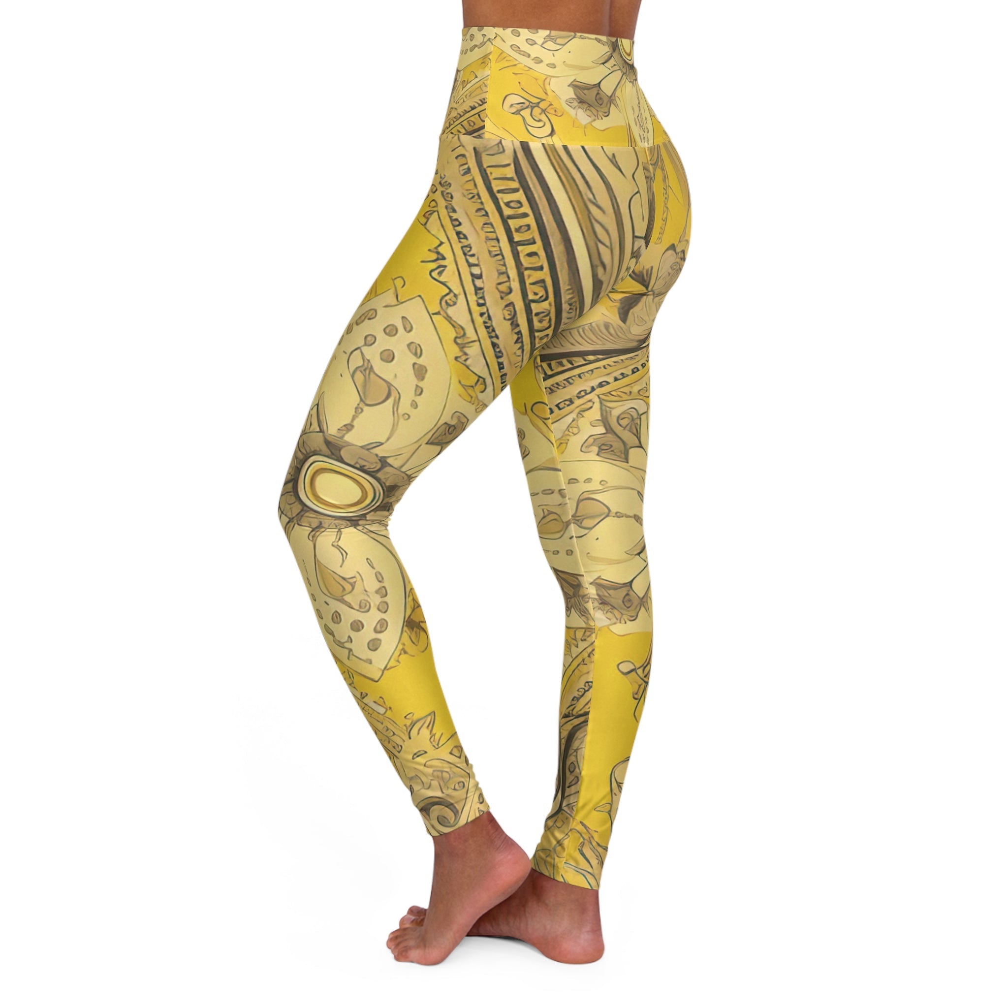 Womens High-waist Fitness Legging Yoga Pants, Floral Yellow Bandanna