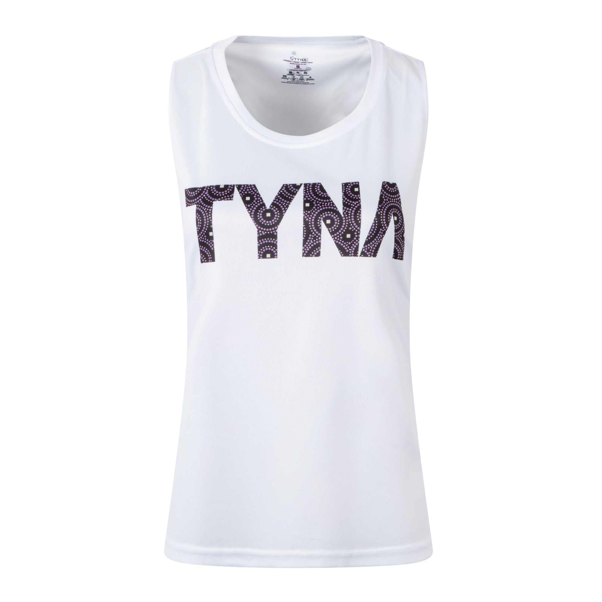 White TYNA Signature Mesh Workout Vest with bold lettering.