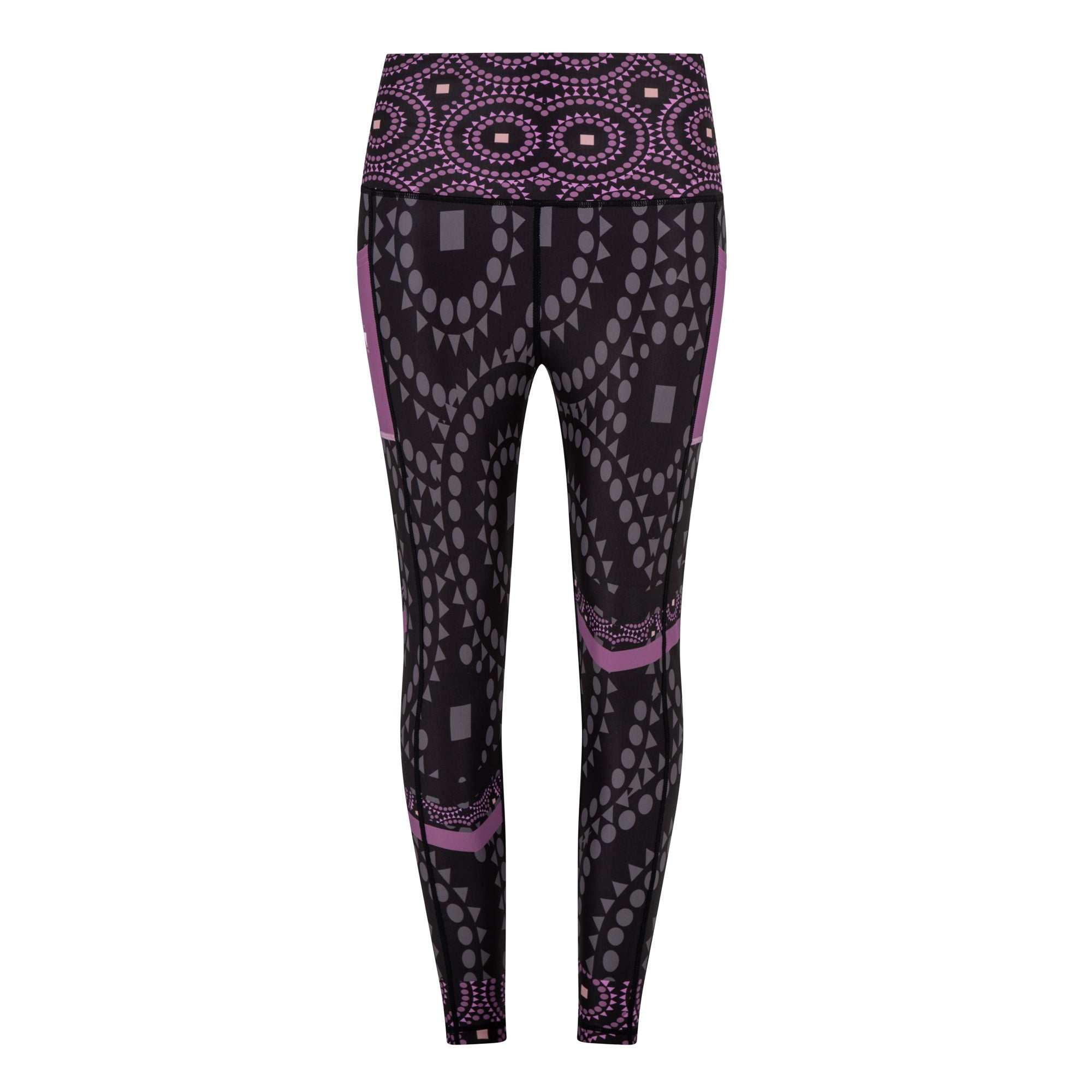 Purple Splash Leggings with Side Pocket featuring TYNA Signature Print and purple tones.