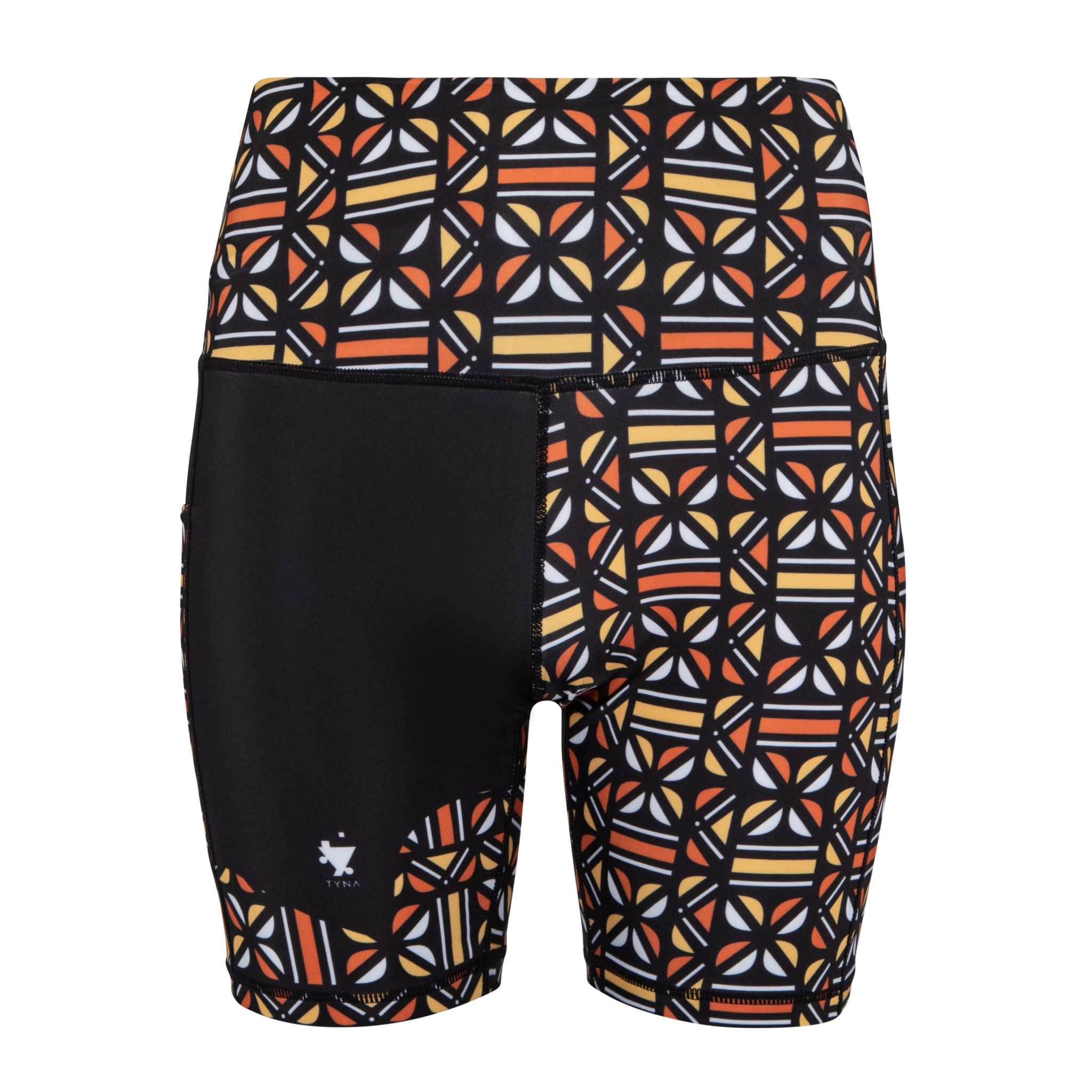 Adyre High Rise Biker Shorts with Batik-inspired pattern and side phone pocket.
