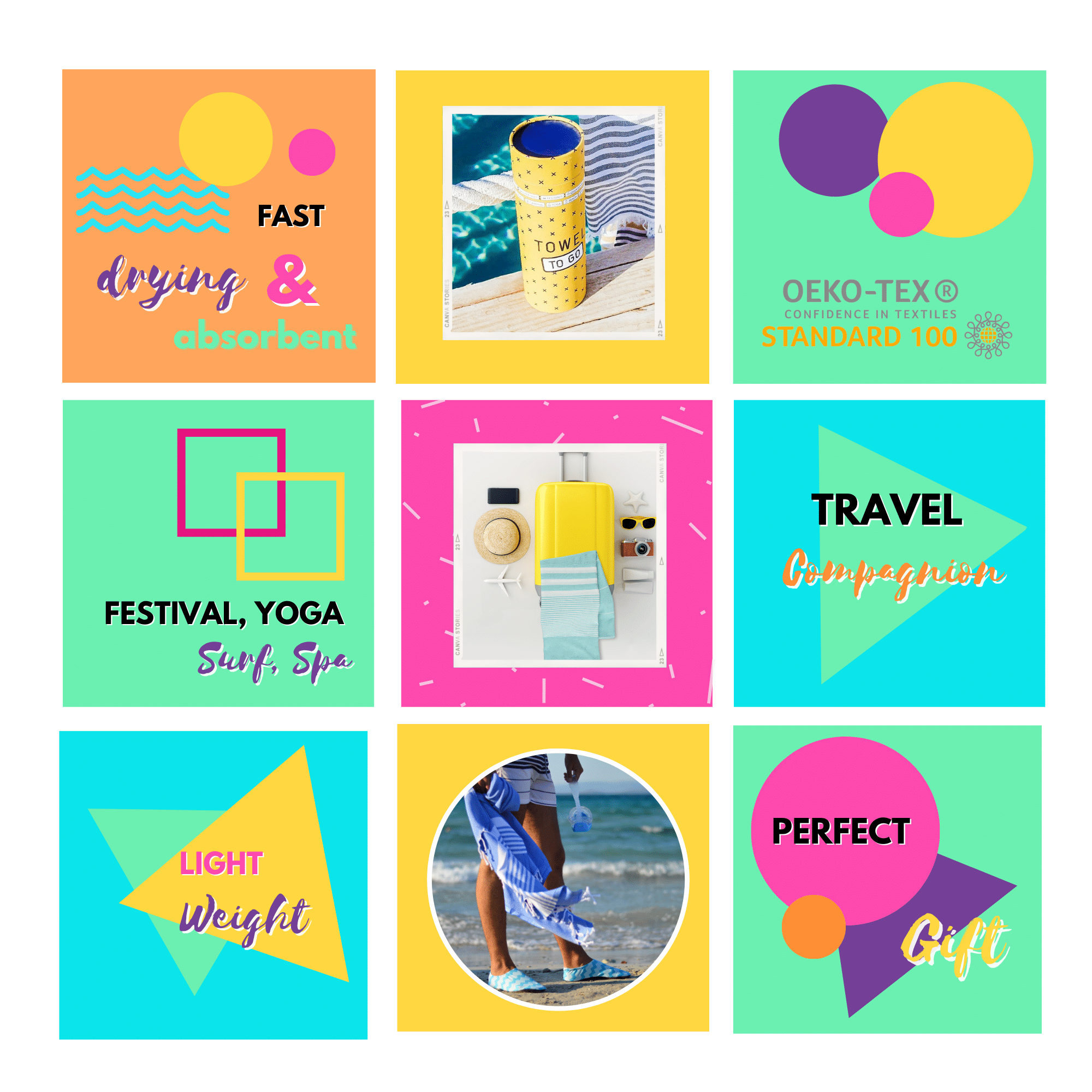 Neon Two-in-One Beach Towel and Bag, Grey, Black, Recycled Cotton with