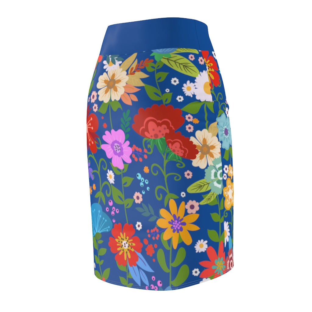 Womens Pencil Skirt, High Waist Stretch, Multicolor Floral Print, Blue