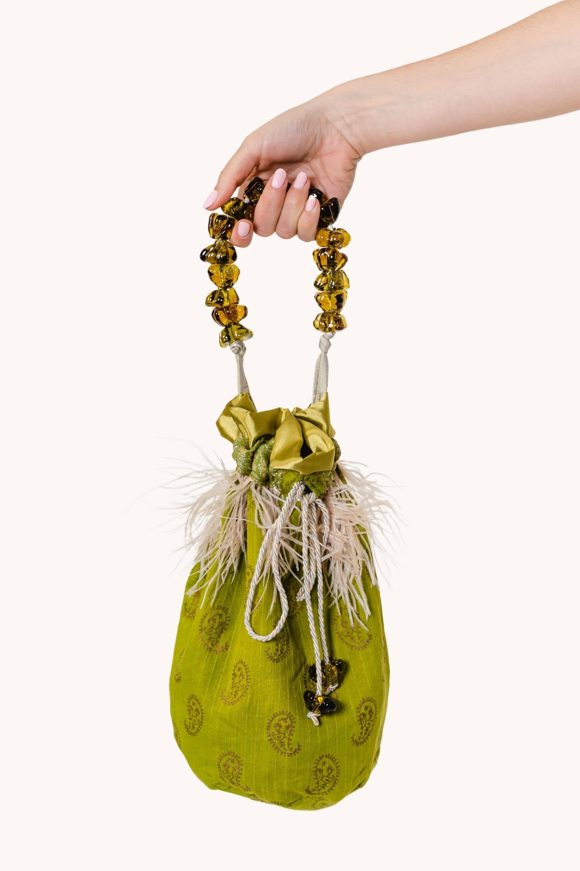 Silk pouch bag with glass beads and fringes