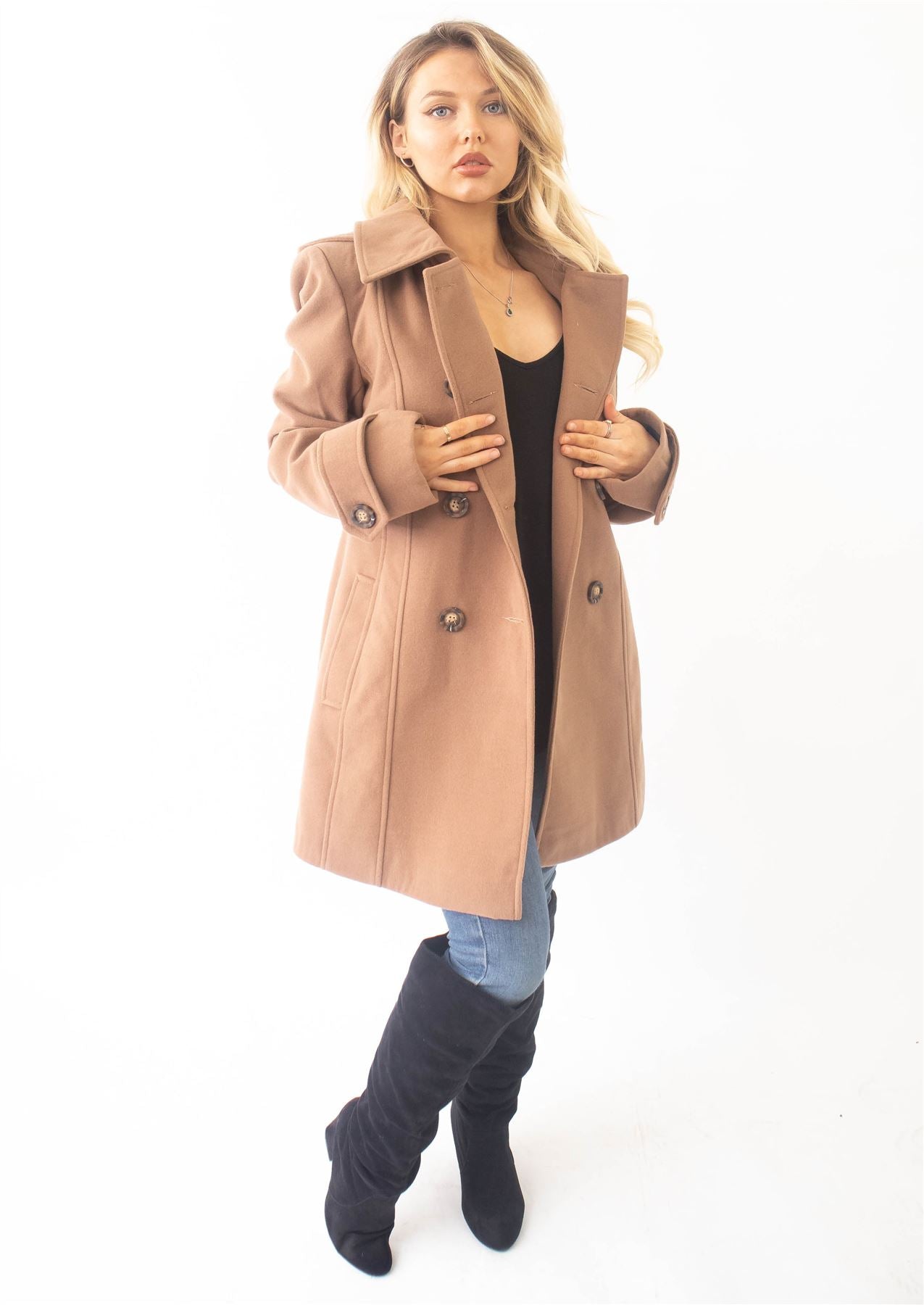 Wool Feel Double Breasted Hooded Coat