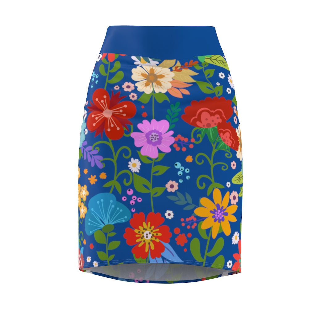 Womens Pencil Skirt, High Waist Stretch, Multicolor Floral Print, Blue
