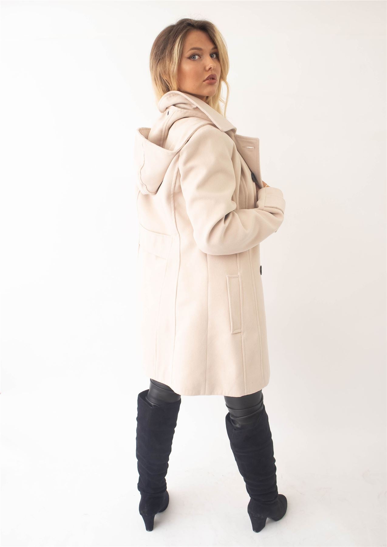 Wool Feel Double Breasted Hooded Coat