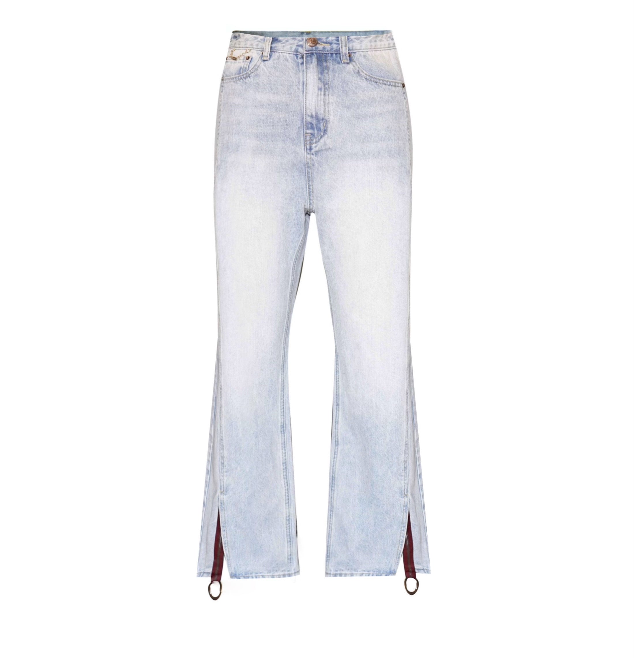 Danielle Boyfriend Jeans in light wash color with flared legs and split hem detailing.