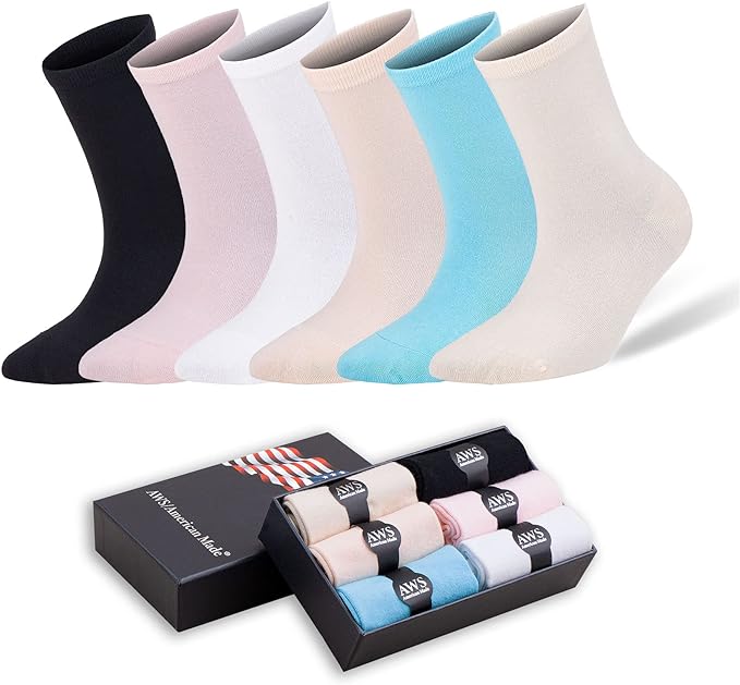Bamboo Crew Socks for Women Size 6-9 Seamless Toe 6 Pairs with Gift