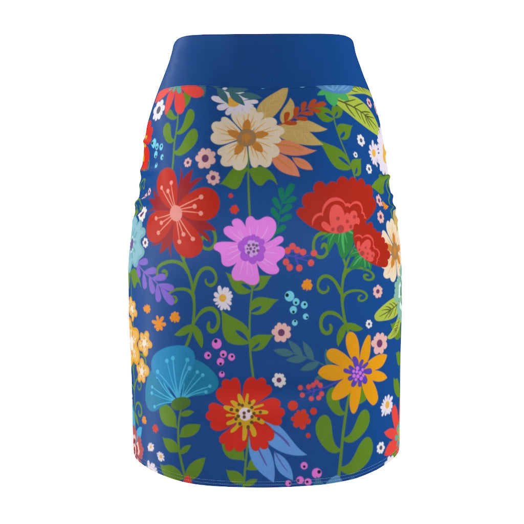 Womens Pencil Skirt, High Waist Stretch, Multicolor Floral Print, Blue