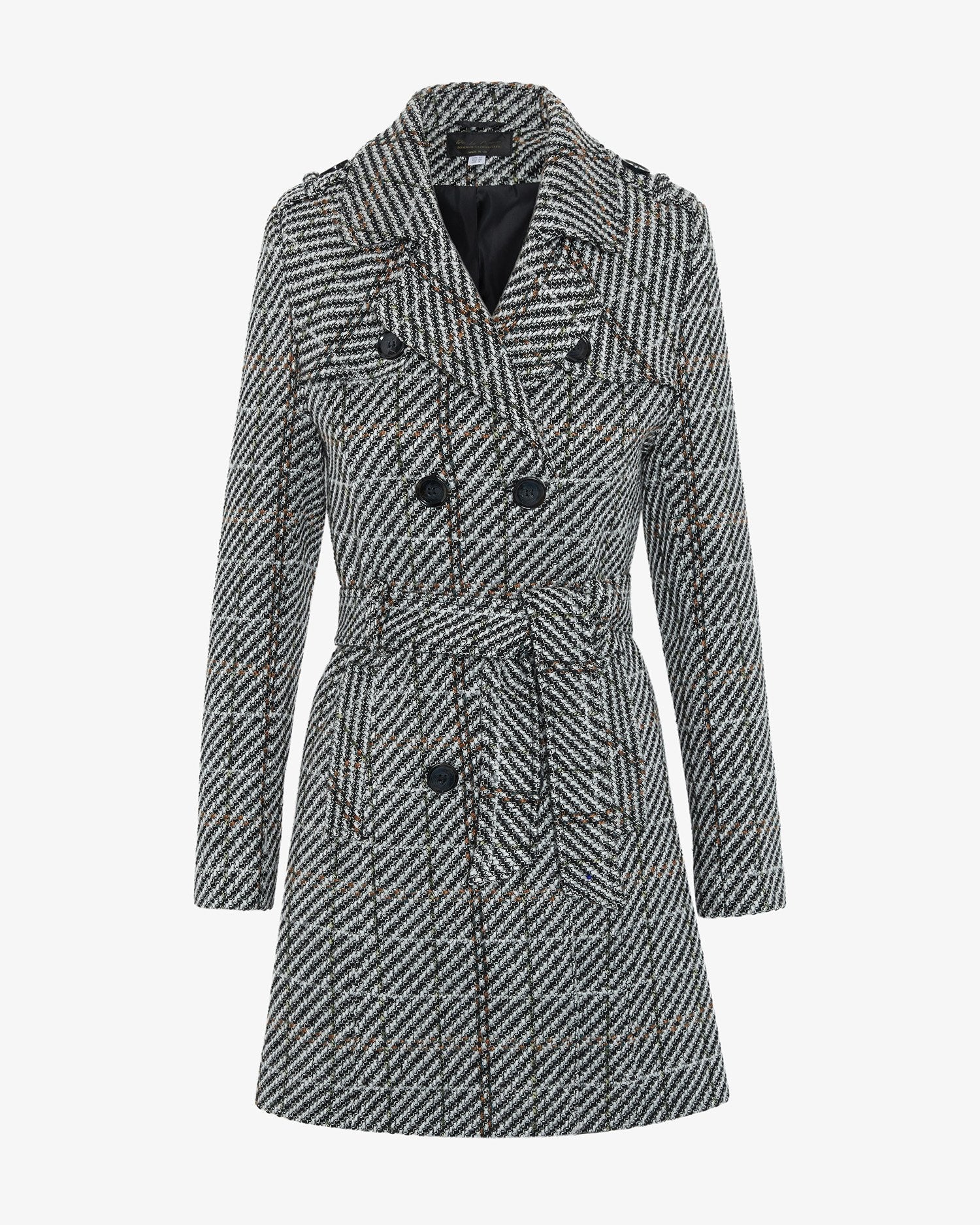 Wool Blend Check Double Breasted Military Coat