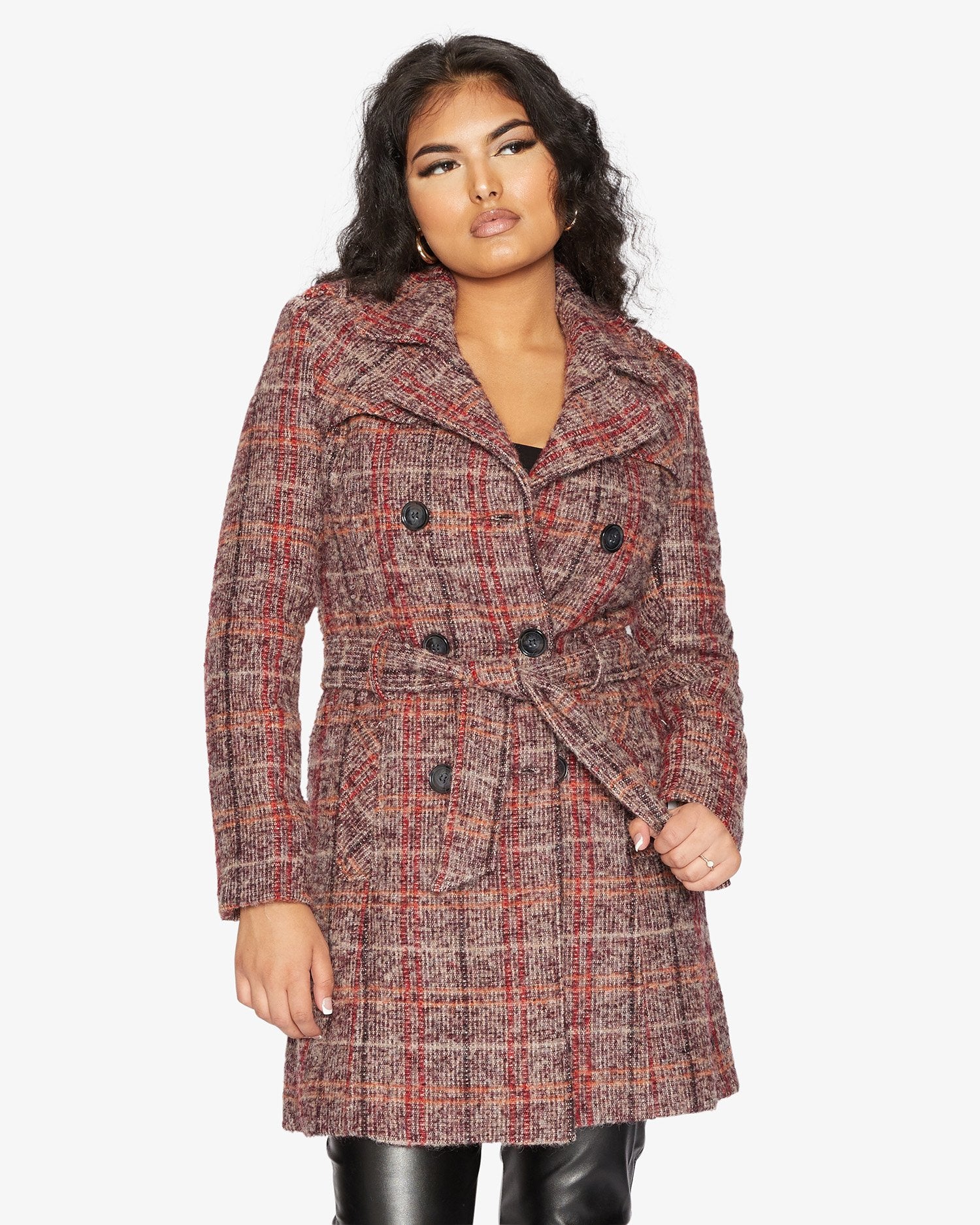 Wool Blend Check Double Breasted Military Coat