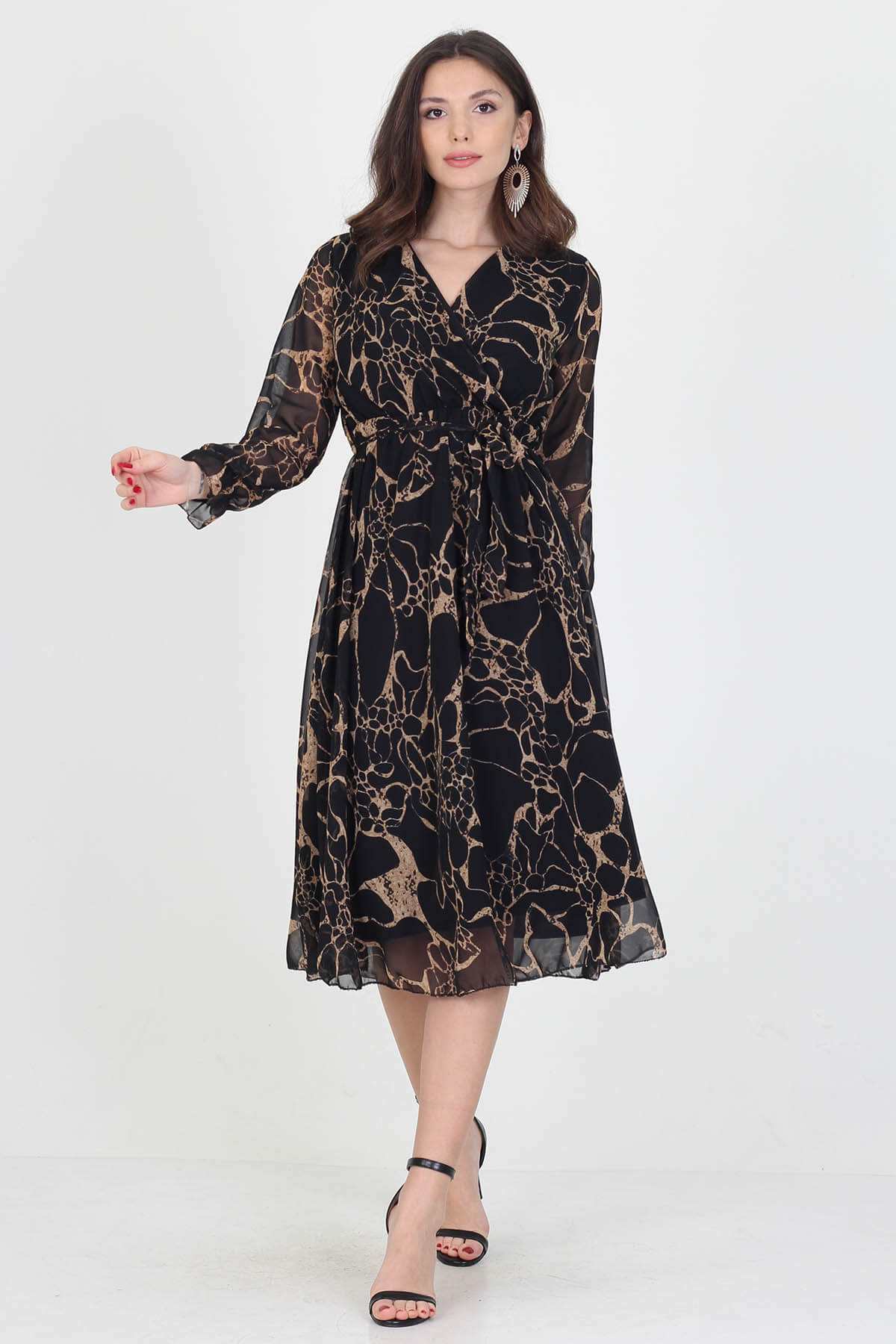Midi length chiffon dress with self-tie belt, featuring a stylish pattern, ideal for a sophisticated look.