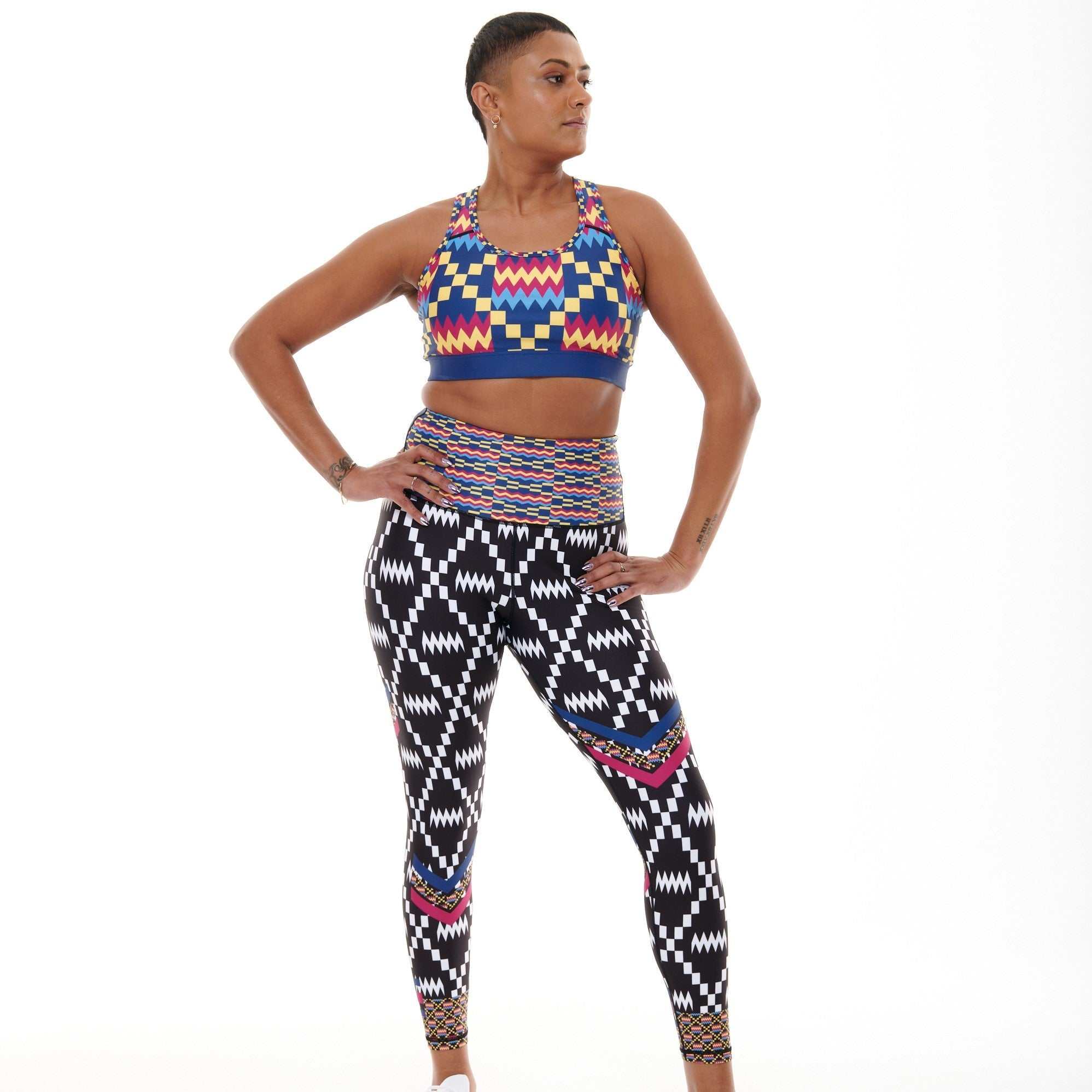 Kayentee Cerulean Splash Leggings in bold geometric print with black and white contrast.