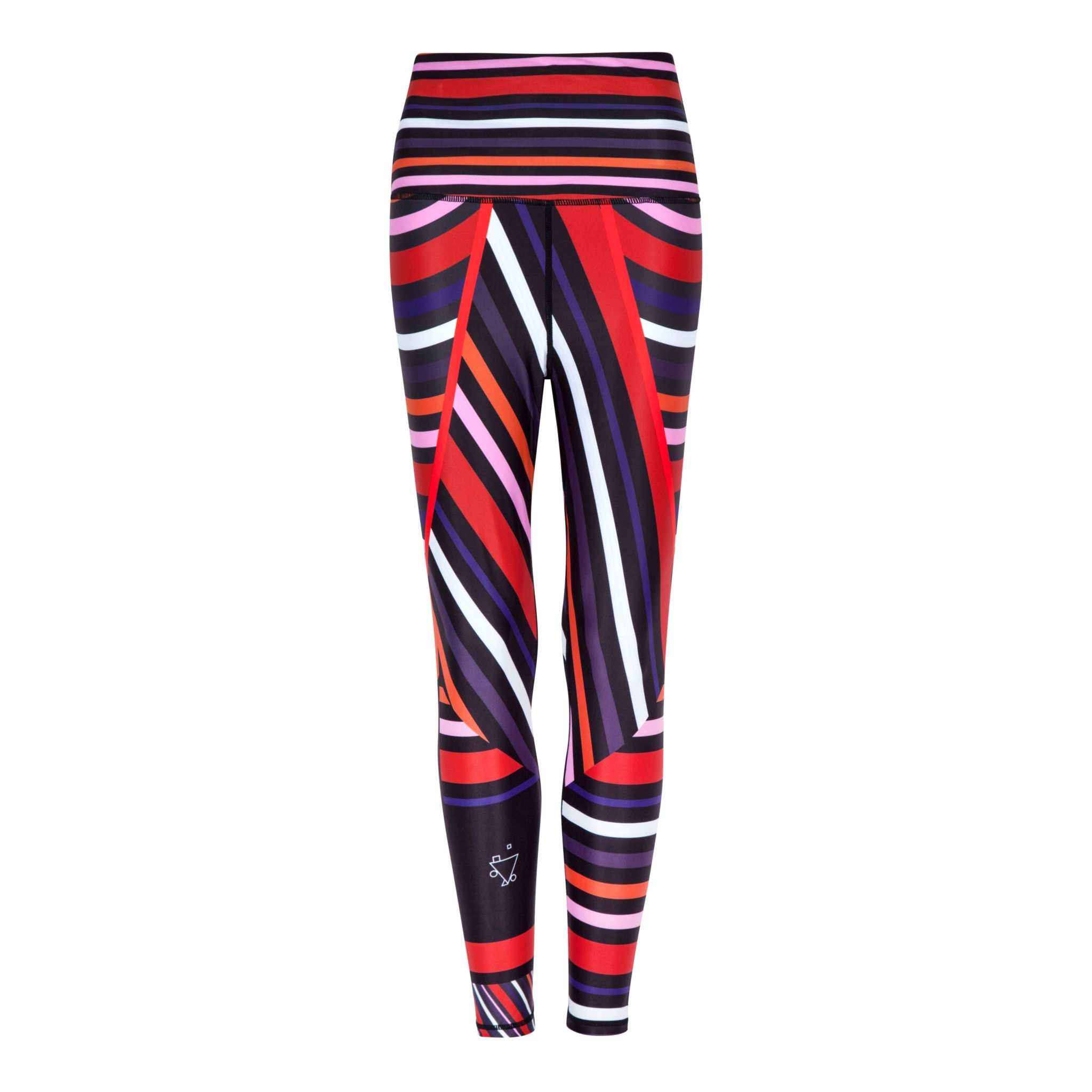 Aso-Oke Vibrant Leggings with bold striped pattern in flame, orange, pink, and white on deep purple; features an engineered waistband with a pocket.