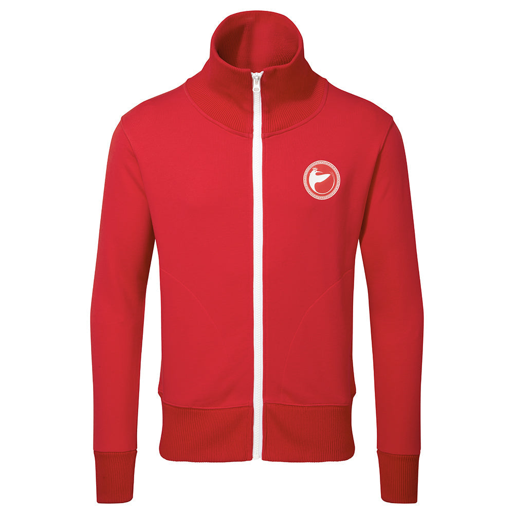 Unisex red sweatshirt with high collar, featuring Bellusstate God Bird logo on chest and full front zipper.