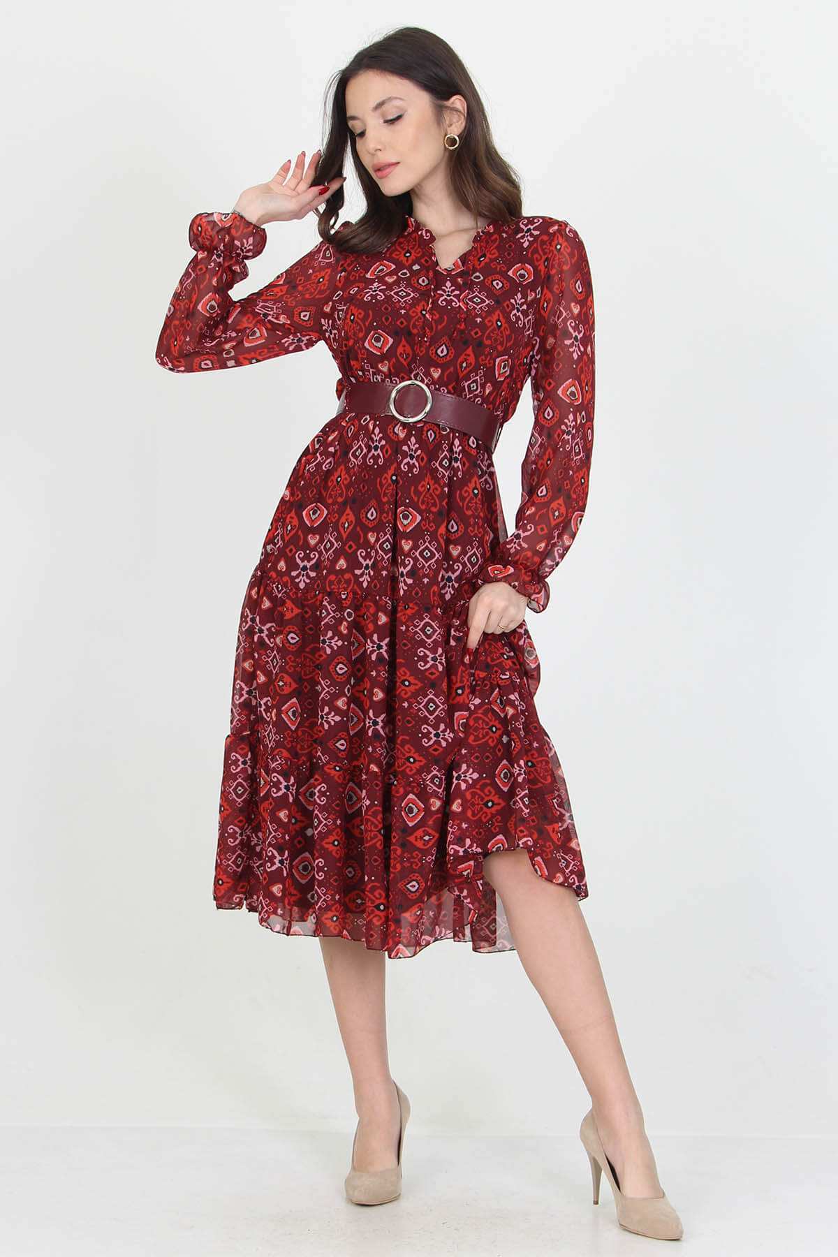 Patterned Chiffon Dress With Belt