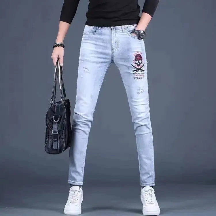 Men’s High Quality Ripped Denim Pants,Embroidery&Prints Stretch