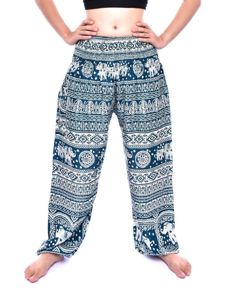 Bohotusk turquoise elephant calf print trousers with elasticated smocked waist.
