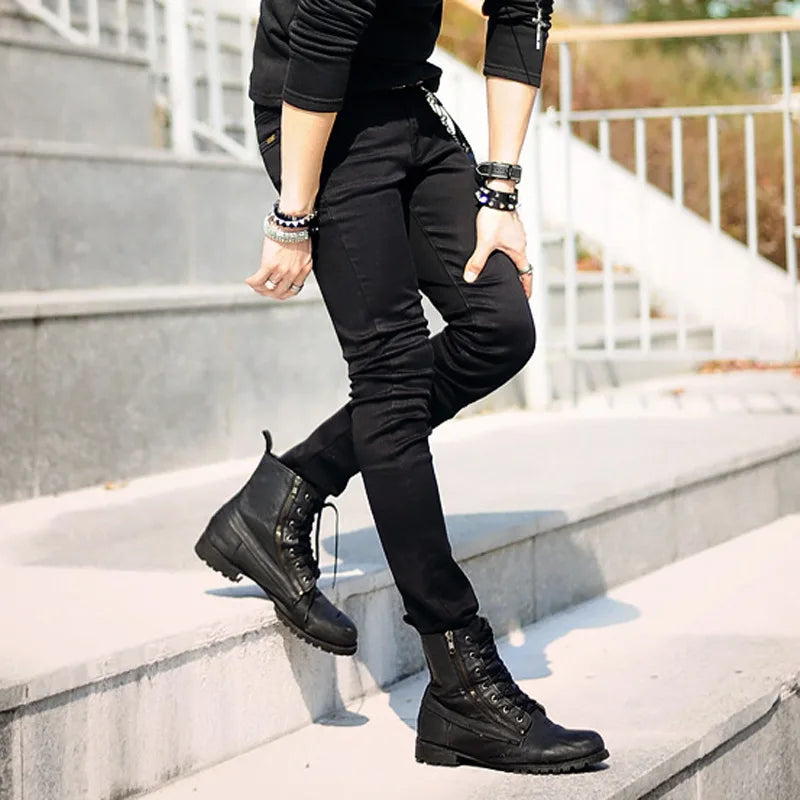 Idopy Hot Selling Men`s Korean Designer Black Slim Fit Jeans Punk Cool