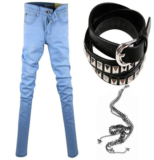 Idopy Hot Selling Men`s Korean Designer Black Slim Fit Jeans Punk Cool