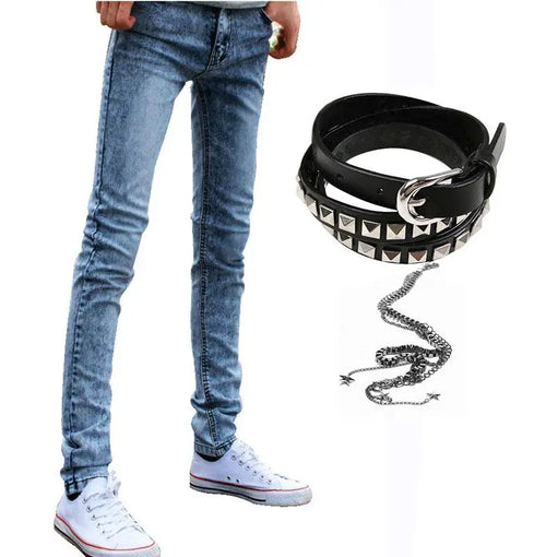 Idopy Hot Selling Men`s Korean Designer Black Slim Fit Jeans Punk Cool