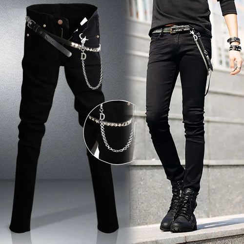 Idopy Hot Selling Men`s Korean Designer Black Slim Fit Jeans Punk Cool