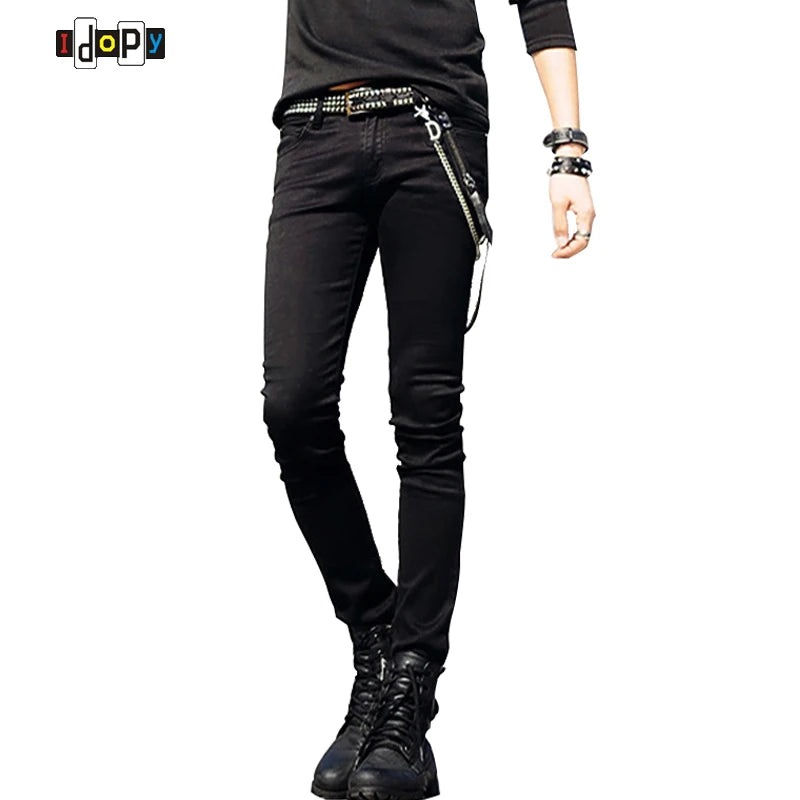 Idopy Hot Selling Men`s Korean Designer Black Slim Fit Jeans Punk Cool