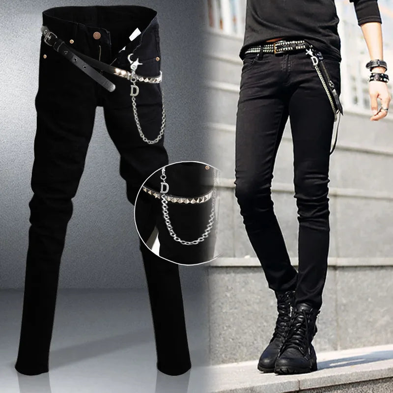 Idopy Hot Selling Men`s Korean Designer Black Slim Fit Jeans Punk Cool