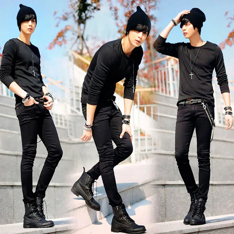 Idopy Hot Selling Men`s Korean Designer Black Slim Fit Jeans Punk Cool