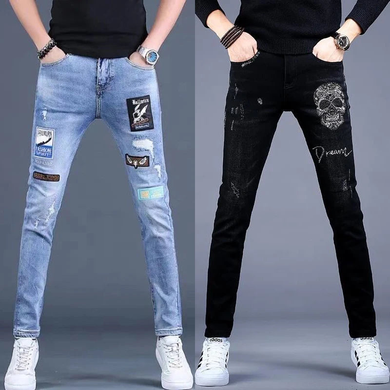 Men’s High Quality Ripped Denim Pants,Embroidery&Prints Stretch