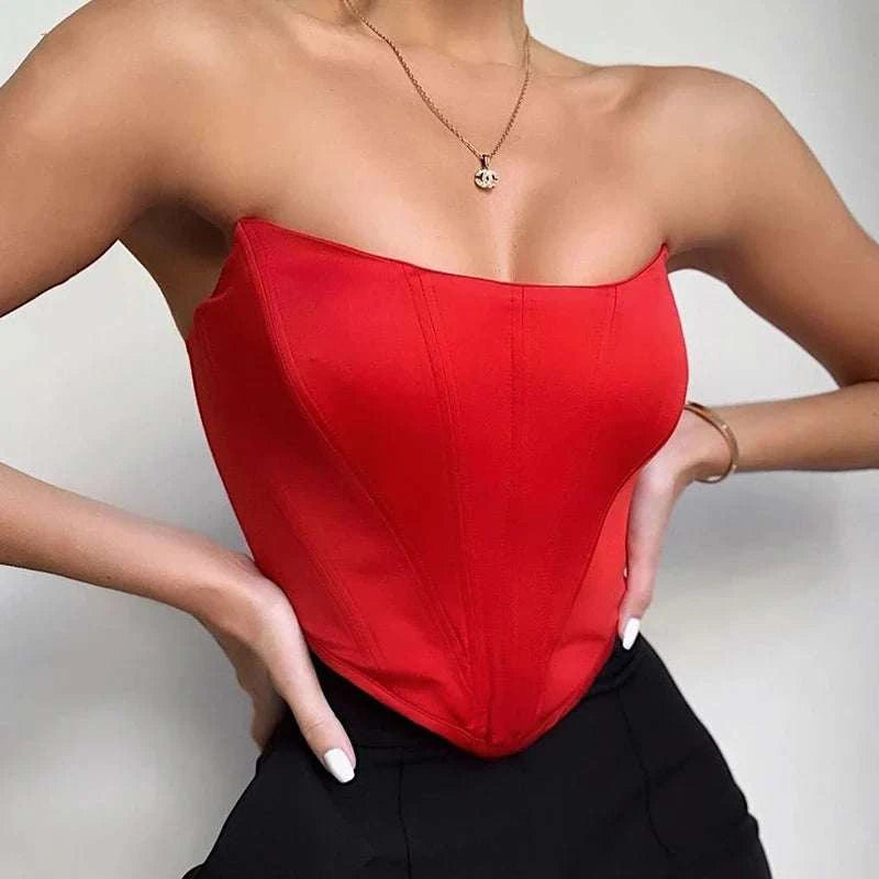 Sleeveless off shoulder velvet corset crop top vest in red.