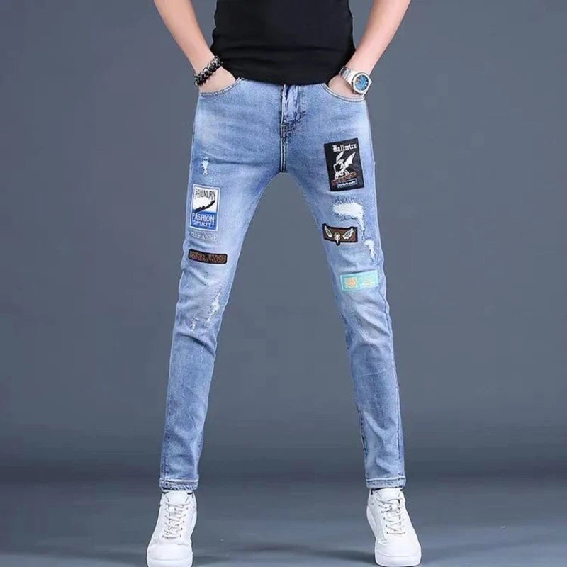 Men’s High Quality Ripped Denim Pants,Embroidery&Prints Stretch