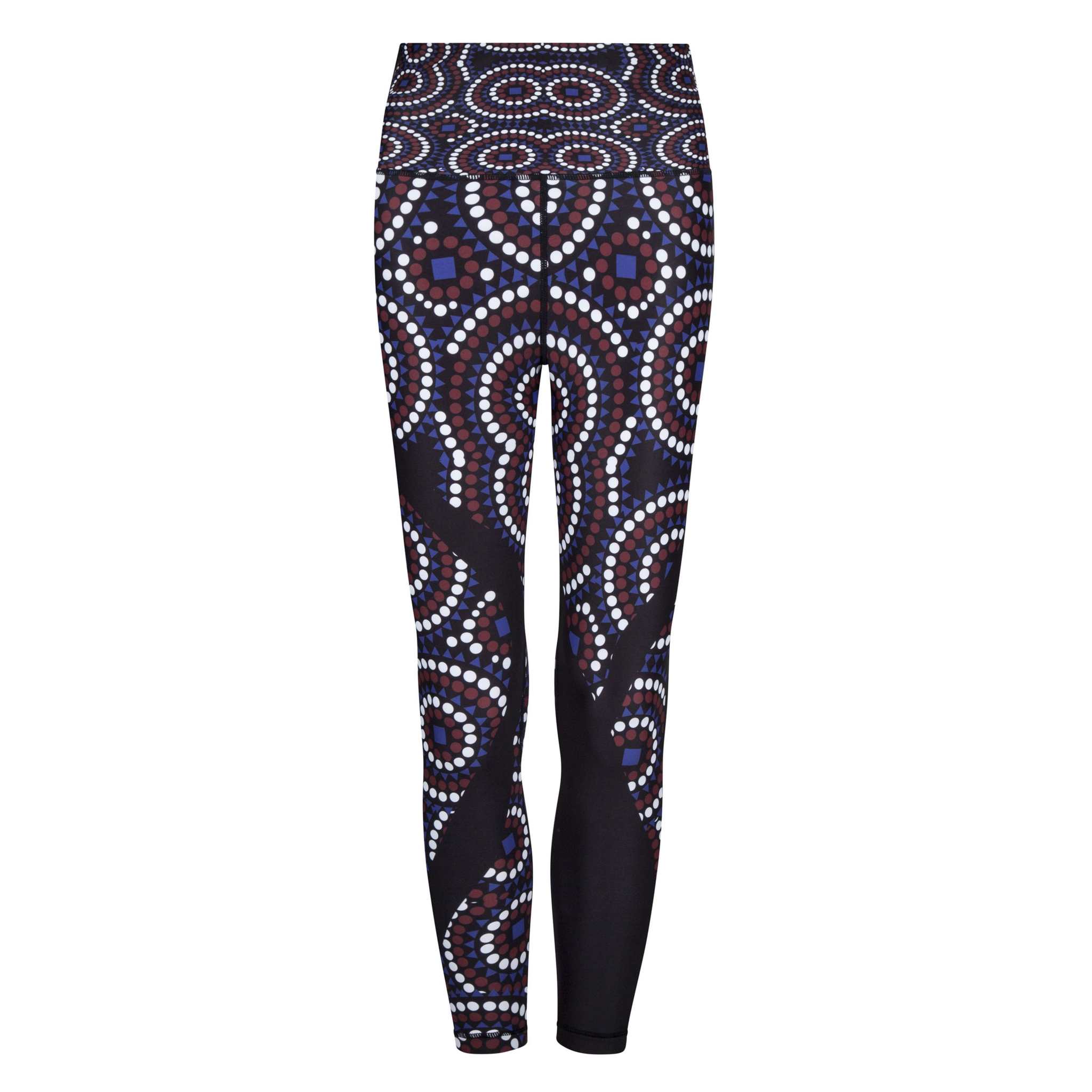 Black vibrant leggings with geometric TYNA Signature Print in blue, burgundy, and white.