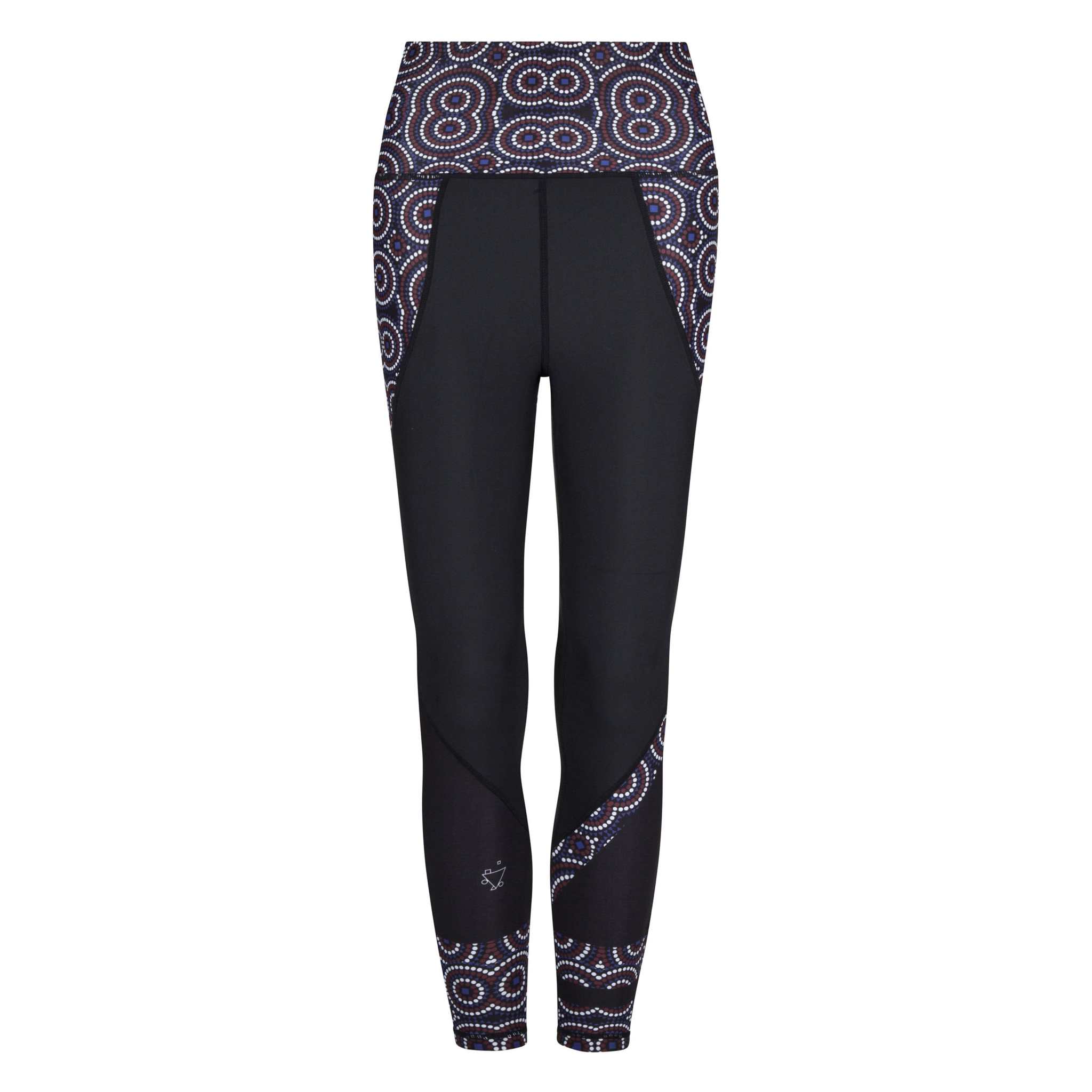 Black Butiful Leggings with geometric ethnic print in black, blue, burgundy, and white tones.