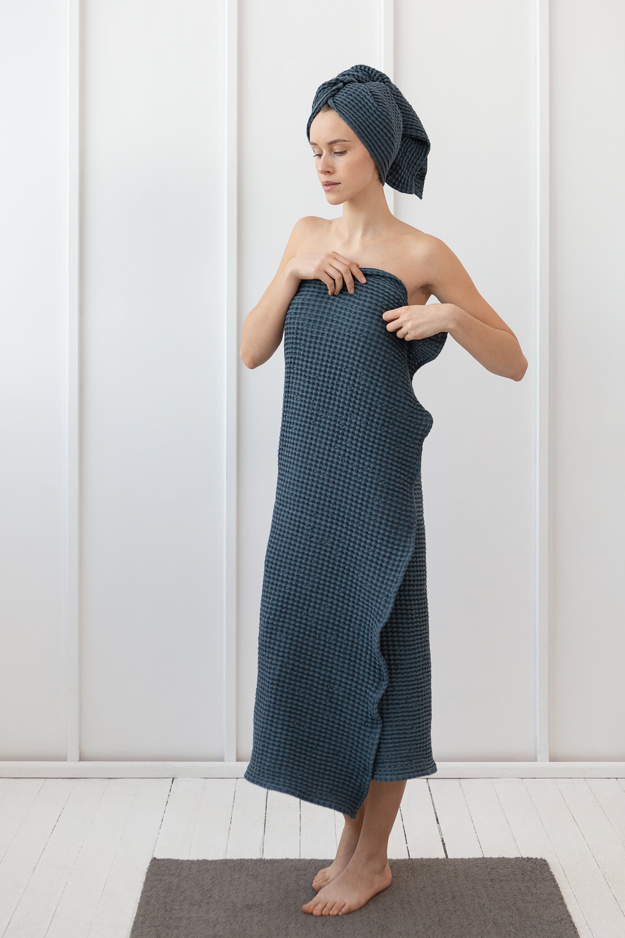 Set of linen waffle towels and robes with hoodie