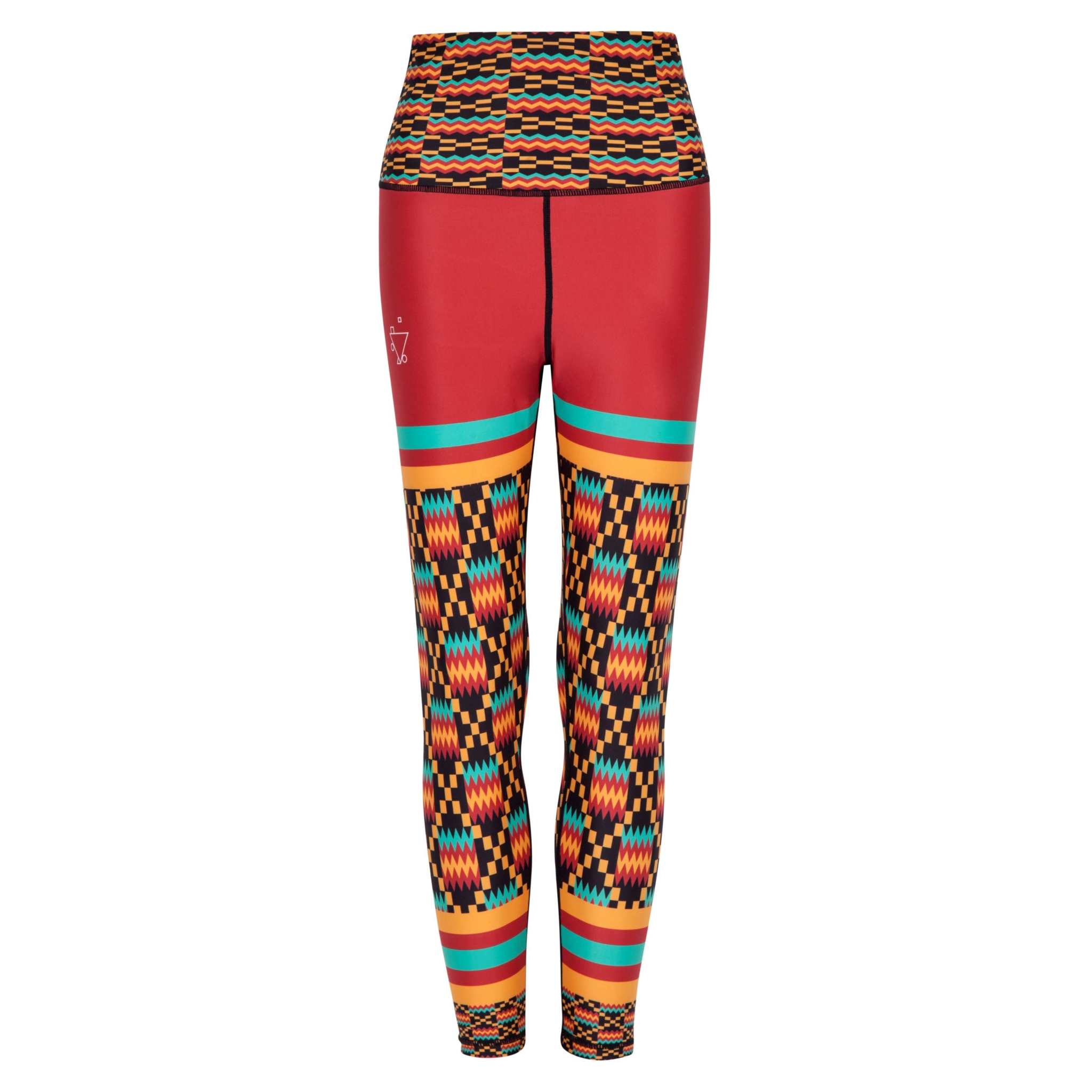 Kayentee Funky Leggings with bold geometric pattern and red color-blocking, featuring engineered waistband and small pocket.