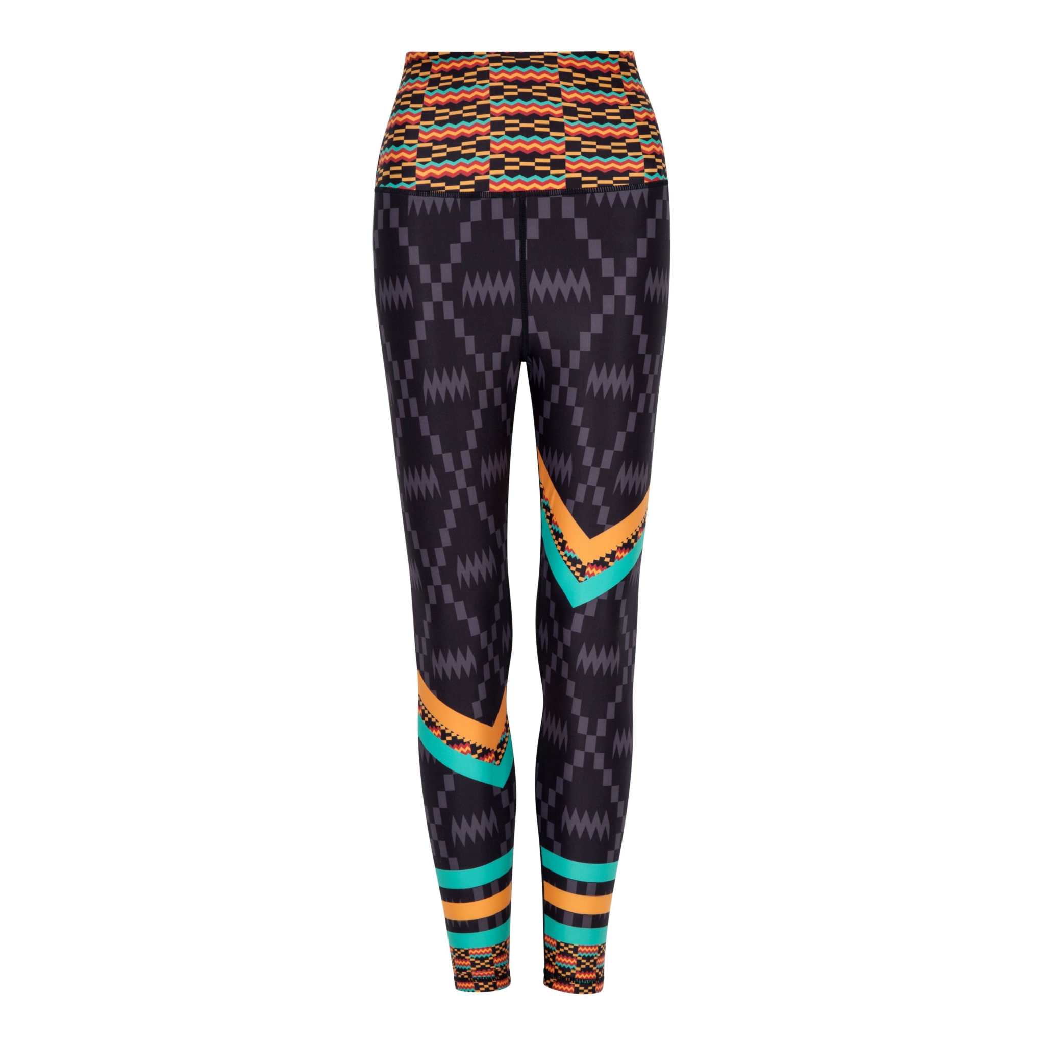 Kayentee Splash Leggings with colorful chevron accents and geometric pattern inspired by Kente cloth.