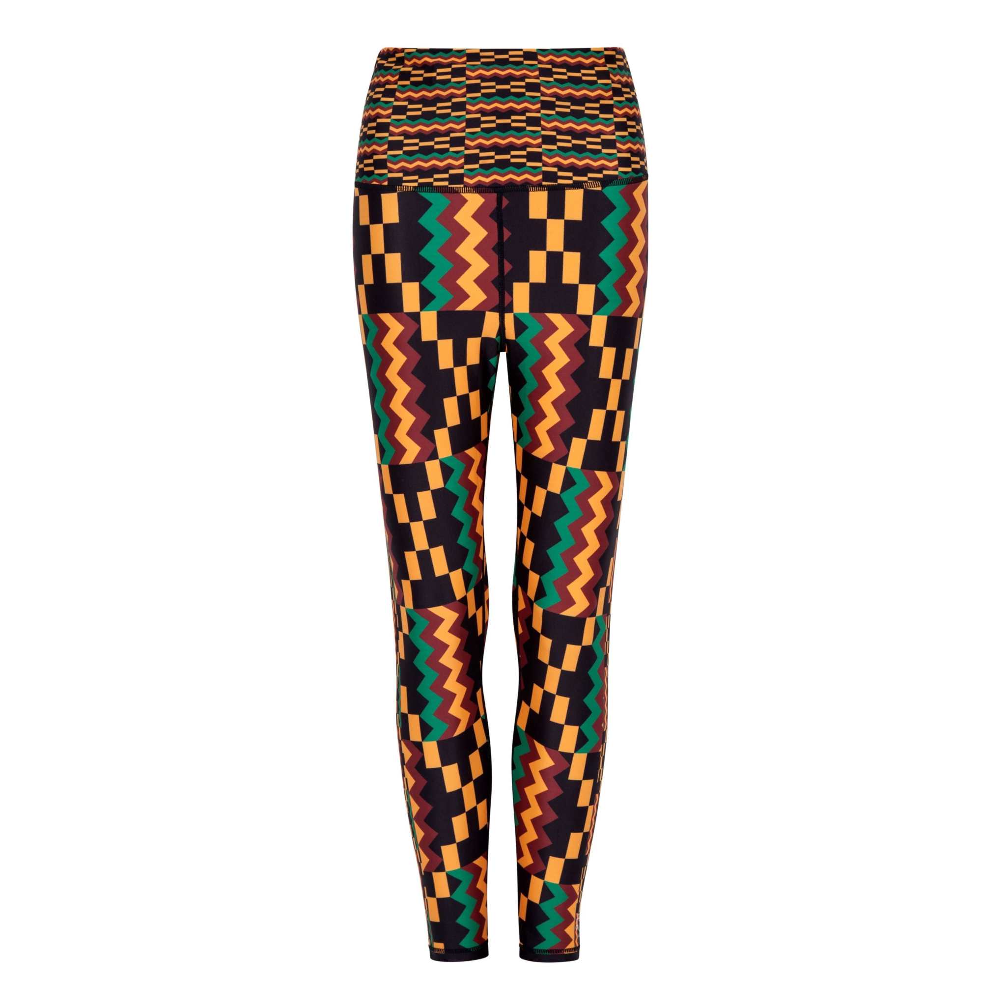 Kayentee Vibrant Leggings with bold geometric Kente pattern in black, green, saffron, and flame, featuring a high stretch fabric and engineered waistband.