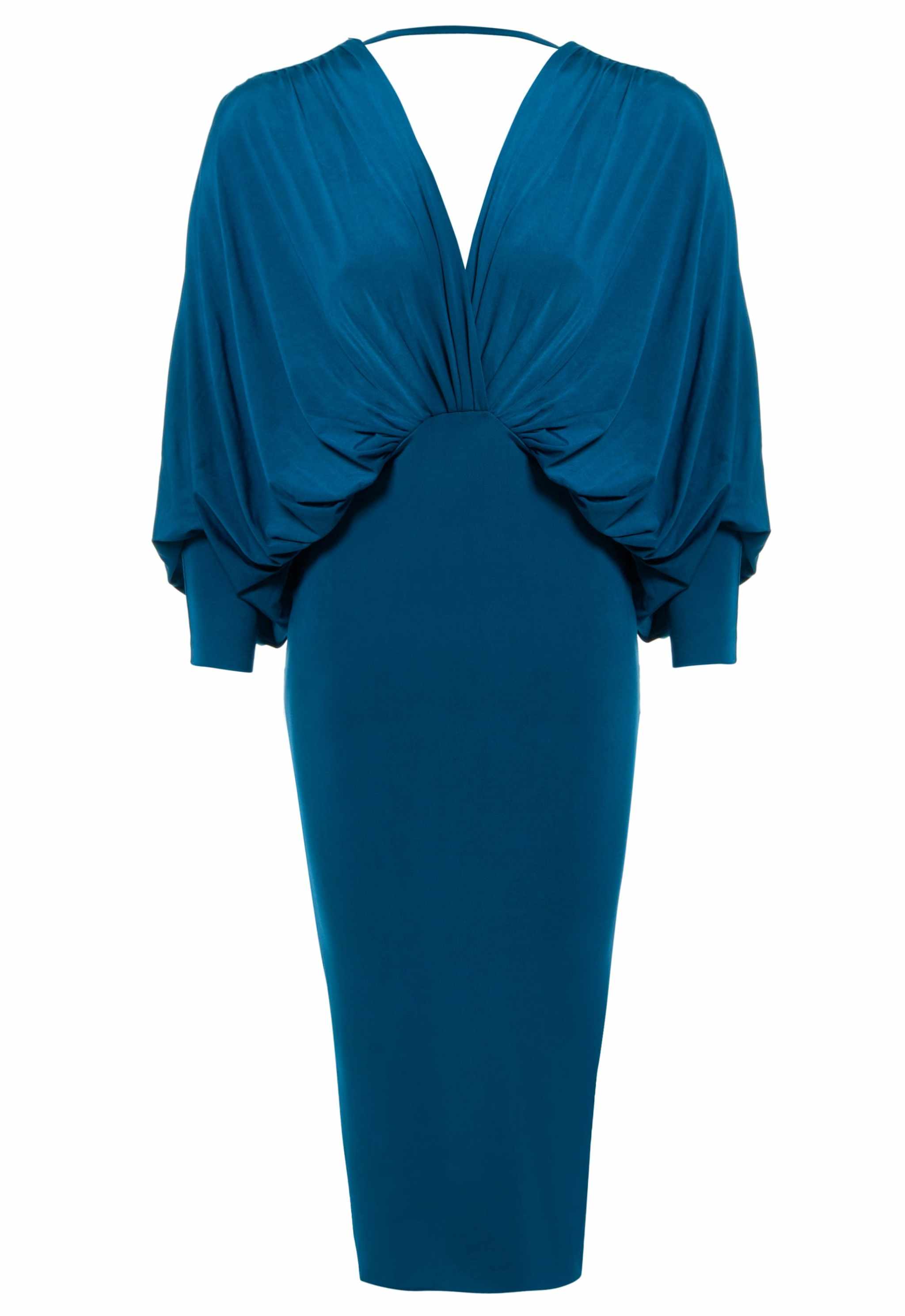 Teal plunging front midi dress with batwing sleeves and bodycon fit.