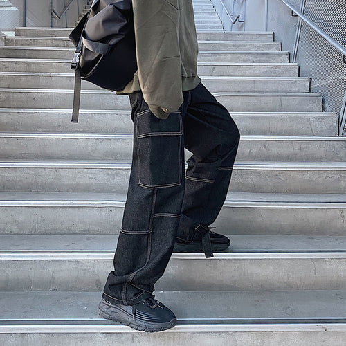 Men Jeans Wide Leg Denim Cargo Jean Pants Loose Straight Baggy Men&