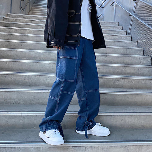 Men Jeans Wide Leg Denim Cargo Jean Pants Loose Straight Baggy Men&