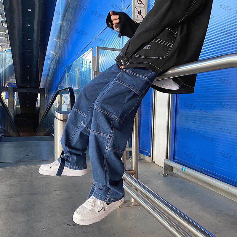 Men Jeans Wide Leg Denim Cargo Jean Pants Loose Straight Baggy Men&