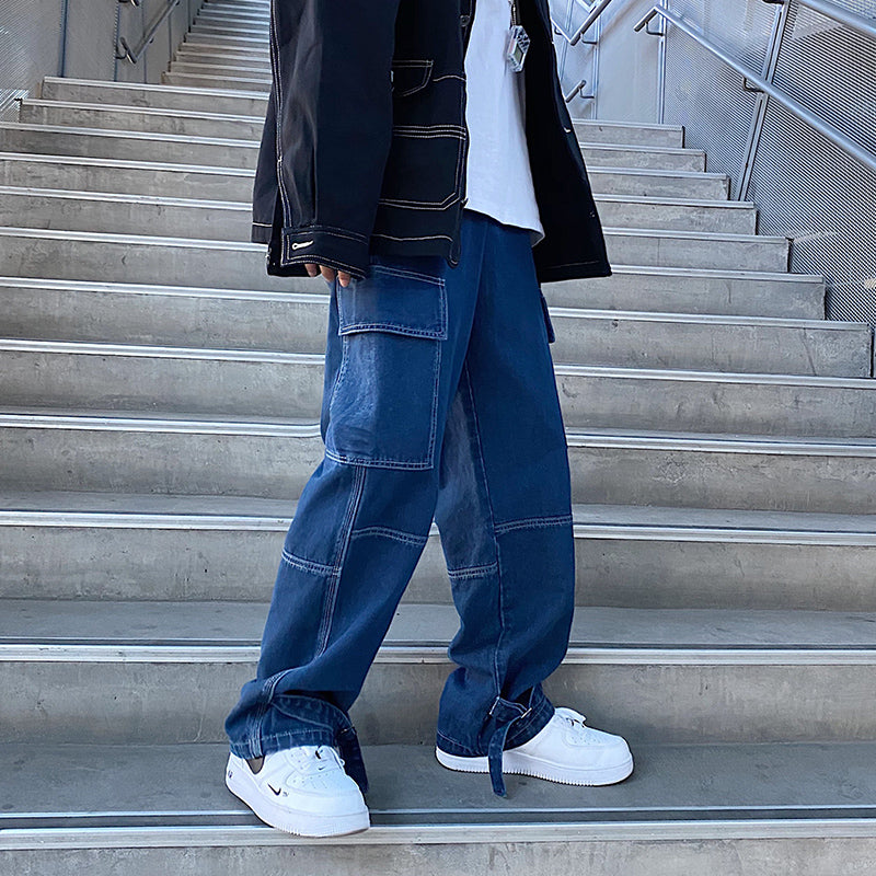 Men Jeans Wide Leg Denim Cargo Jean Pants Loose Straight Baggy Men&
