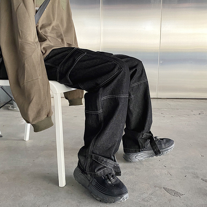 Men Jeans Wide Leg Denim Cargo Jean Pants Loose Straight Baggy Men&
