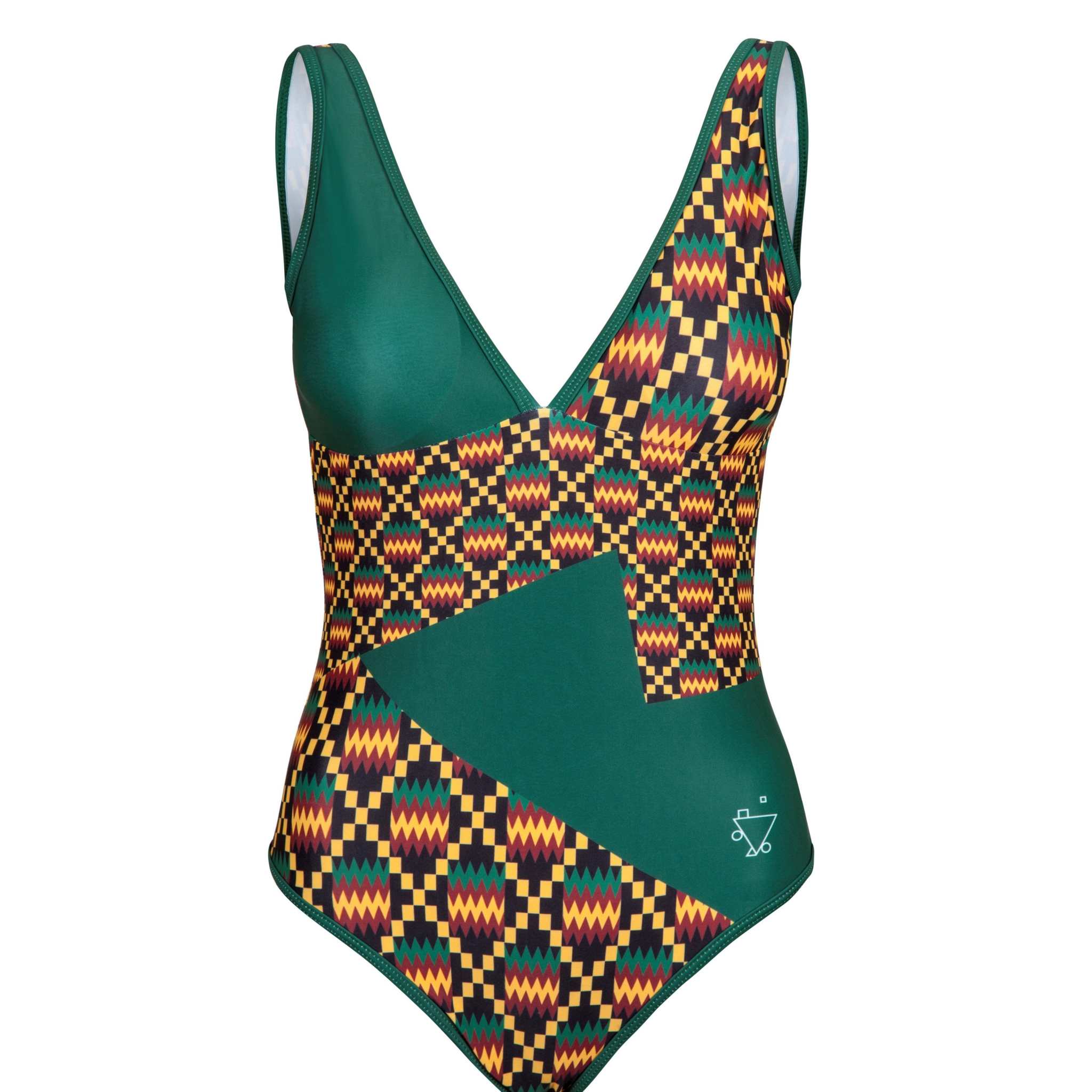 Chic Kayentee Green one-piece swimsuit with bold geometric pattern.