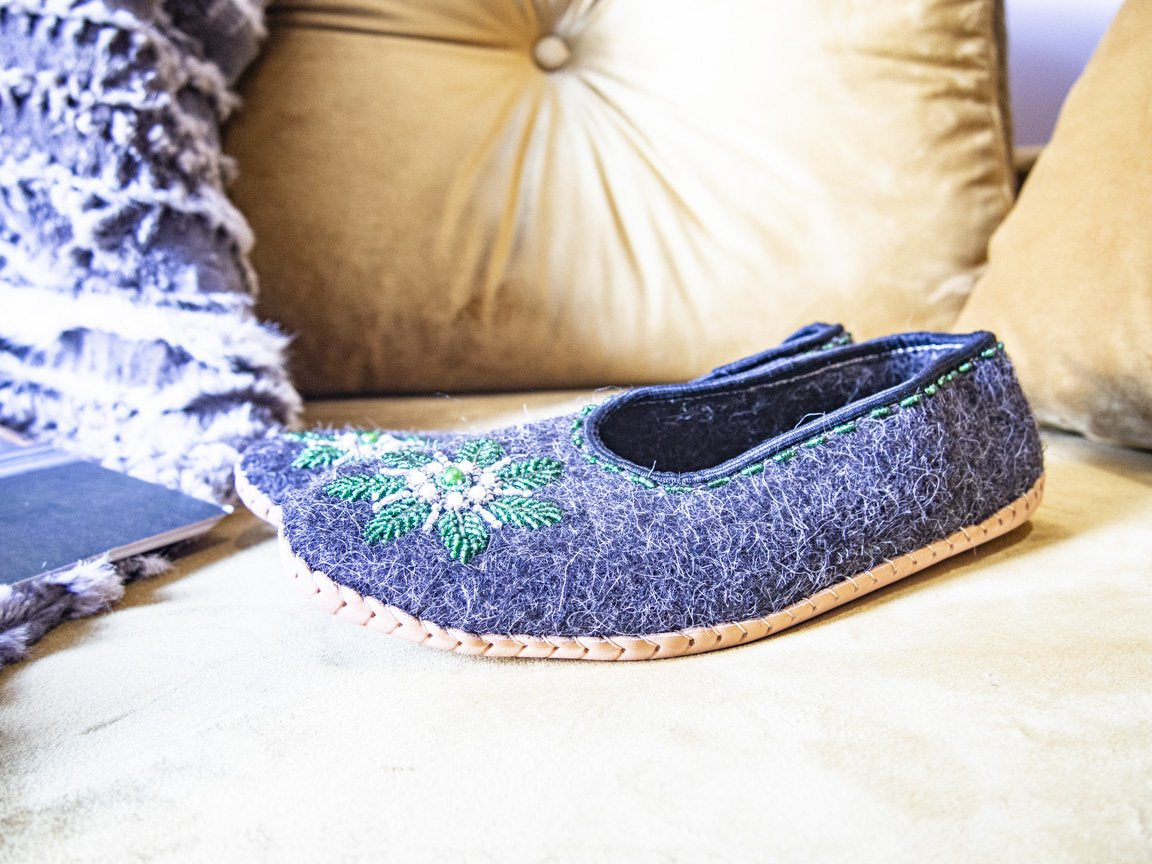 Gray Felt and Real Leather Slippers.